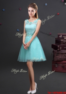 New Style Laced and Belted Aquamarine Prom Dress with Appliques