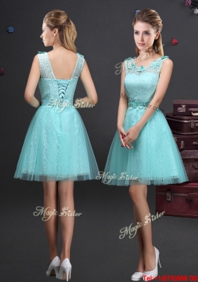 New Style Laced and Belted Aquamarine Prom Dress with Appliques