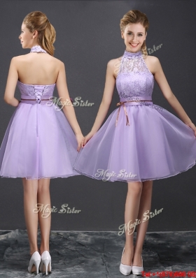 Simple Organza A Line Belted Prom Dress in Lavender