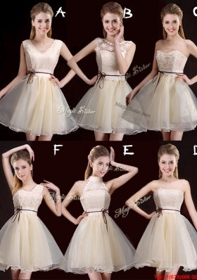 Wonderful See Through Organza Champagne Prom Dress with Lace and Belt