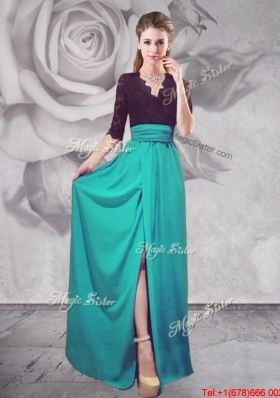 Beautiful Laced and High Slit Turquoise Prom Dress with Half Sleeves