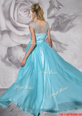 Best See Through Bateau Applique and Beaded Prom Dress in Aquamarine