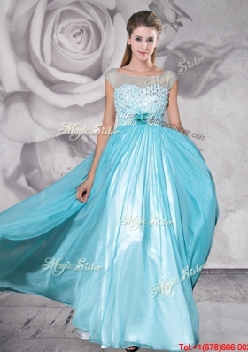 Best See Through Bateau Applique and Beaded Prom Dress in Aquamarine