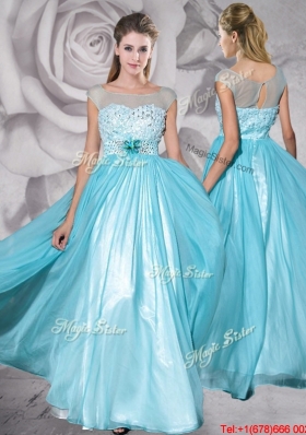 Best See Through Bateau Applique and Beaded Prom Dress in Aquamarine