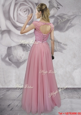 Cheap Scoop Laced Pink Prom Dress with Cap Sleeves