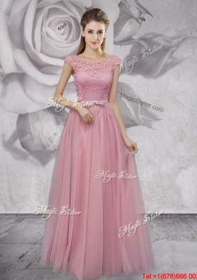 Cheap Scoop Laced Pink Prom Dress with Cap Sleeves