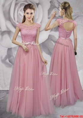 Cheap Scoop Laced Pink Prom Dress with Cap Sleeves