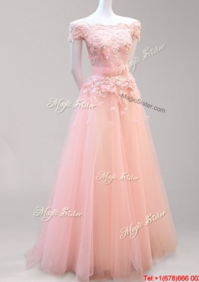 Classical Beaded and Applique Tulle Prom Dress with Off the Shoulder