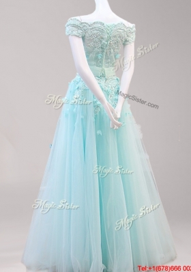 Classical Beaded and Applique Tulle Prom Dress with Off the Shoulder