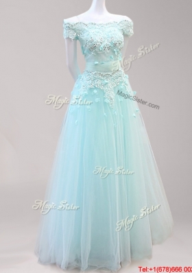 Classical Beaded and Applique Tulle Prom Dress with Off the Shoulder