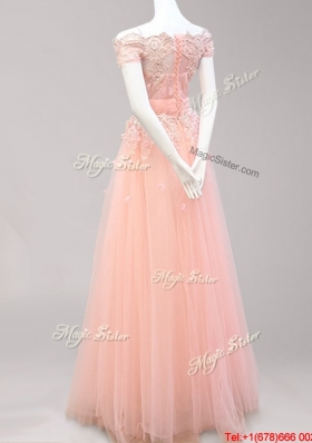 Classical Beaded and Applique Tulle Prom Dress with Off the Shoulder