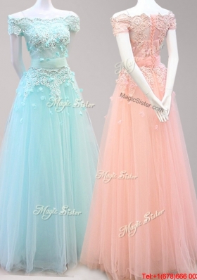 Classical Beaded and Applique Tulle Prom Dress with Off the Shoulder