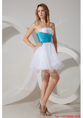 Discount Belted and Beaded Strapless Prom Dress in White