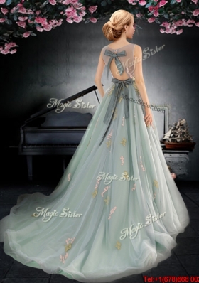 Elegant See Through Scoop Prom Dress with Applique and Bowknot