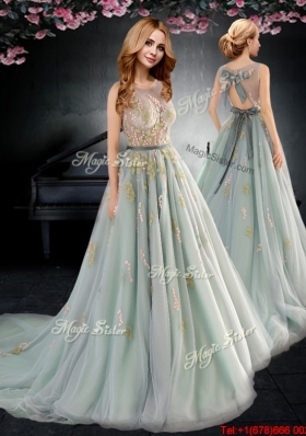 Elegant See Through Scoop Prom Dress with Applique and Bowknot
