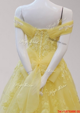 Exclusive Applique and Beaded Cap Sleeves Yellow Prom Dress with Brush Train