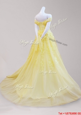 Exclusive Applique and Beaded Cap Sleeves Yellow Prom Dress with Brush Train