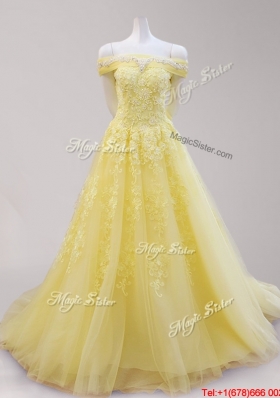 Exclusive Applique and Beaded Cap Sleeves Yellow Prom Dress with Brush Train