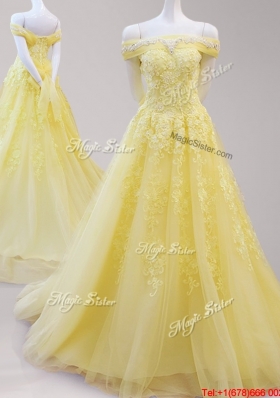 Exclusive Applique and Beaded Cap Sleeves Yellow Prom Dress with Brush Train