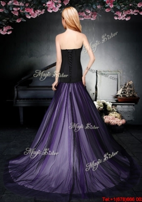 Exclusive Brush Train Strapless Prom Dress in Purple and Black