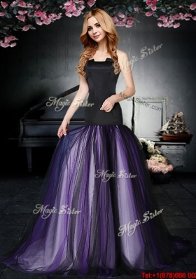 Exclusive Brush Train Strapless Prom Dress in Purple and Black