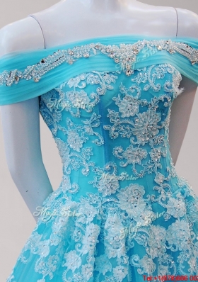 Exquisite Brush Train Beaded and Applique Aqua Blue Prom Dress in Tulle