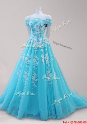 Exquisite Brush Train Beaded and Applique Aqua Blue Prom Dress in Tulle