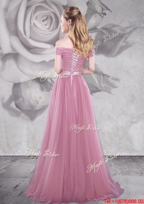 Gorgeous Off the Shoulder Pink Prom Dress with Brush Train