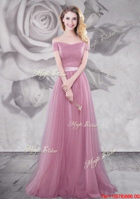 Gorgeous Off the Shoulder Pink Prom Dress with Brush Train