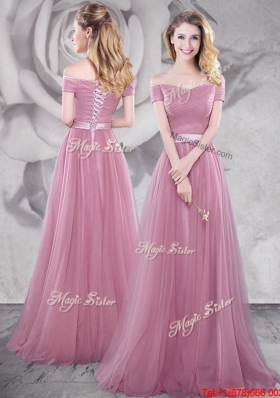 Gorgeous Off the Shoulder Pink Prom Dress with Brush Train