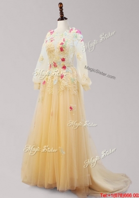 Latest See Through Scoop Brush Train Applique Prom Dress with Long Sleeves