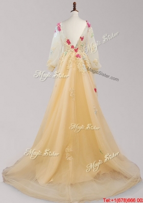 Latest See Through Scoop Brush Train Applique Prom Dress with Long Sleeves