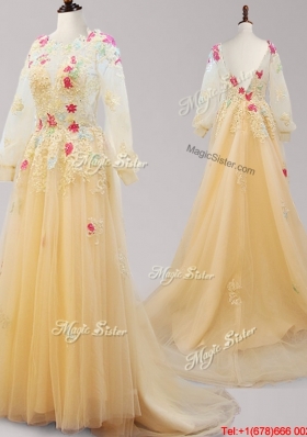 Latest See Through Scoop Brush Train Applique Prom Dress with Long Sleeves