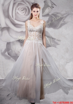 Latest Zipper Up Straps Applique Chiffon Prom Dress in Grey