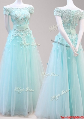 Lovely Beaded and Applique Off the Shoulder Prom Dress with Cap Sleeves
