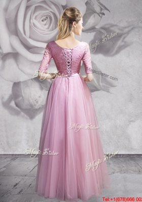 Lovely Half Sleeves Long Prom Dress with Lace and Bowknot