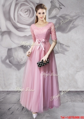 Lovely Half Sleeves Long Prom Dress with Lace and Bowknot