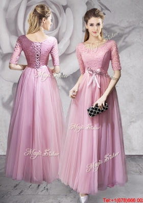 Lovely Half Sleeves Long Prom Dress with Lace and Bowknot