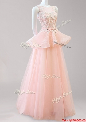 Luxurious Belted and Applique Backless Peach Prom Dress with Scoop