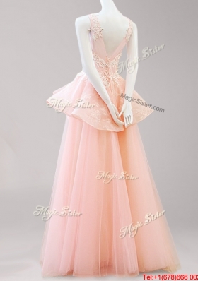 Luxurious Belted and Applique Backless Peach Prom Dress with Scoop