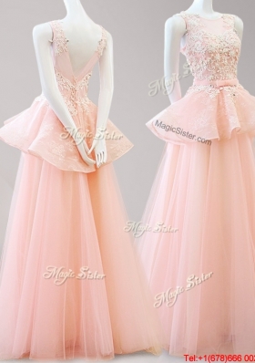 Luxurious Belted and Applique Backless Peach Prom Dress with Scoop