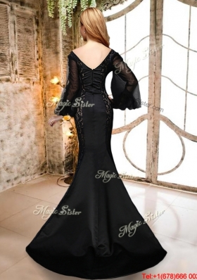 Mermaid Deep V Neckline Long Sleeves Black Prom Dress in Satin and Lace