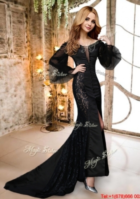 Mermaid Deep V Neckline Long Sleeves Black Prom Dress in Satin and Lace