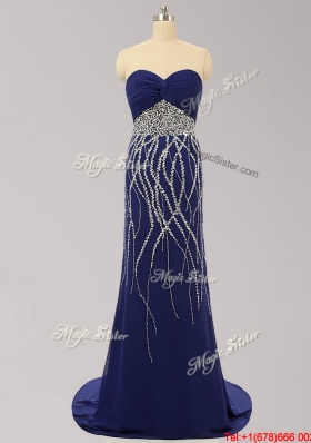 New Arrivals Beaded Royal Blue Chiffon Prom Dress with Brush Train