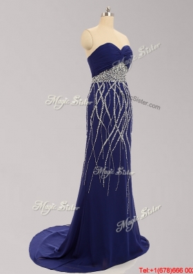 New Arrivals Beaded Royal Blue Chiffon Prom Dress with Brush Train