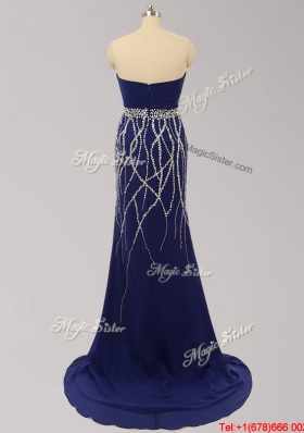 New Arrivals Beaded Royal Blue Chiffon Prom Dress with Brush Train