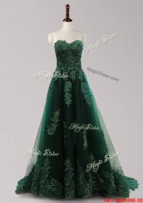 New Style Brush Train Dark Green Prom Dress with Appliques and Beading