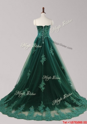 New Style Brush Train Dark Green Prom Dress with Appliques and Beading