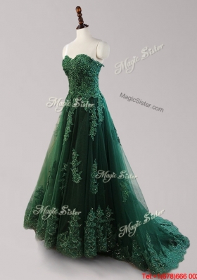 New Style Brush Train Dark Green Prom Dress with Appliques and Beading