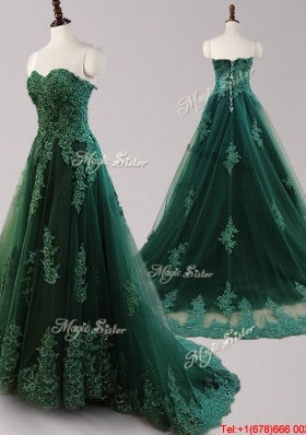 New Style Brush Train Dark Green Prom Dress with Appliques and Beading